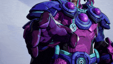 a man in a purple and blue armor with a x on his neck