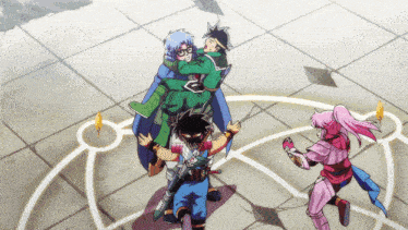 a group of cartoon characters standing around a circle