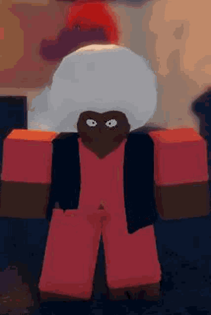 a cartoon character with a big white hair is wearing a red shirt and pants .