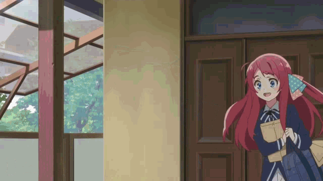 a girl with red hair is standing in a room holding a book .