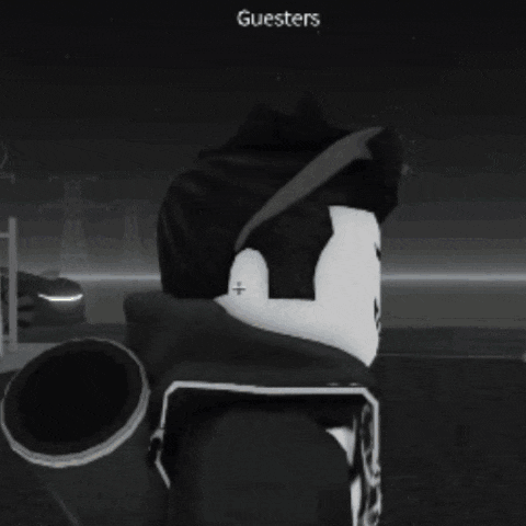 a person holding a gun in front of a roblox character with guesters written on the bottom