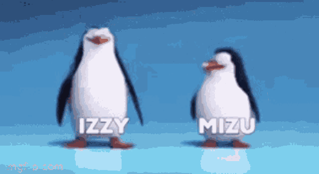 two penguins are standing next to each other with izzy and mizu written on their chests