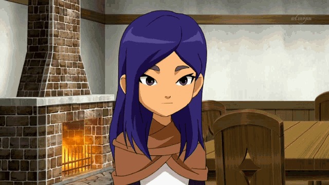 a cartoon girl with purple hair is standing in front of a fireplace and a tv screen that says bs japan