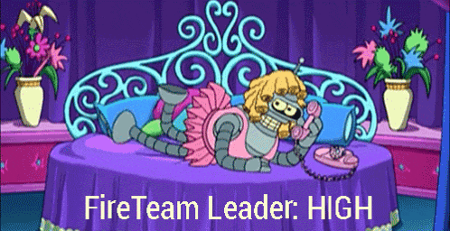 a cartoon of a robot laying on a bed talking on a phone with the words fire team leader high below it