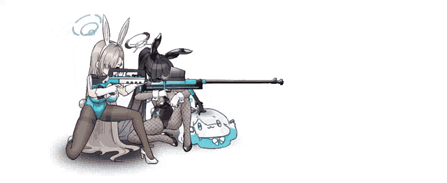 a girl in a bunny suit is holding a gun next to another girl in a bunny suit