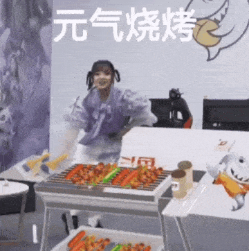 a woman in a purple dress is standing in front of a table with a grill filled with food .