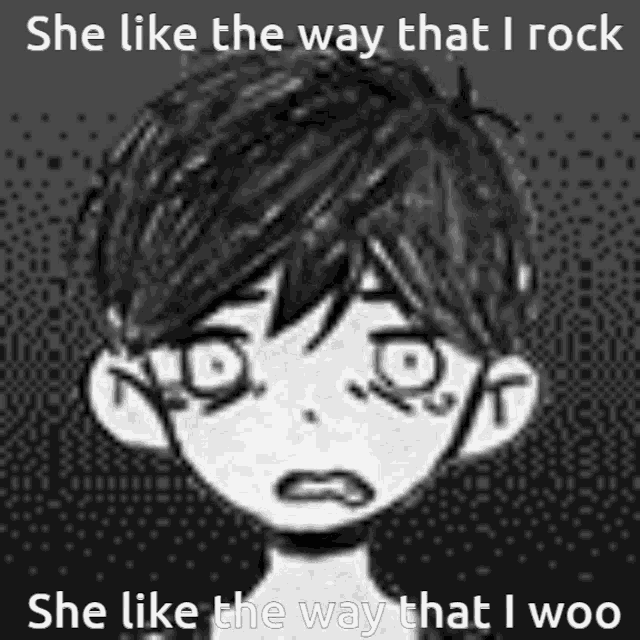 a black and white drawing of a boy with the words she like the way that i rock and she like the way that i woo