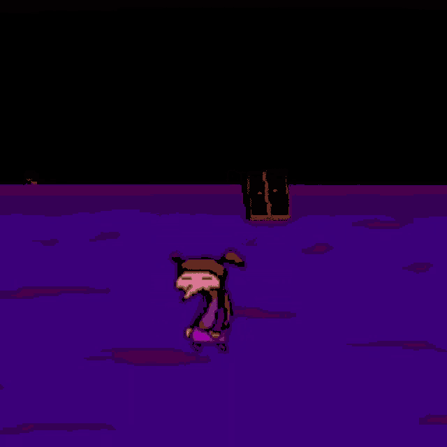 a pixel art of a cartoon character standing in front of a purple light beam .