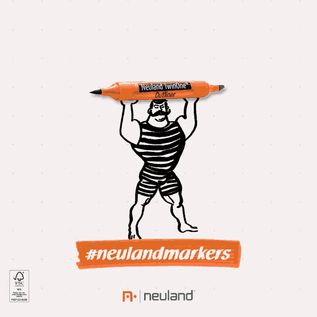 a drawing of a man holding an orange neuland twinone outliner marker