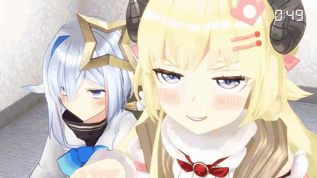 two anime girls are standing next to each other with a clock displaying the time of 0:49
