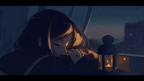 a girl is sitting in front of a window with a candle in a lantern