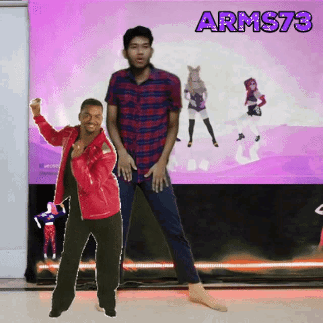a man in a red jacket is dancing in front of a screen that says arms73 on it