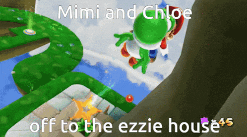 a screenshot of a video game with the words mimi and chloe off to the ezzie house