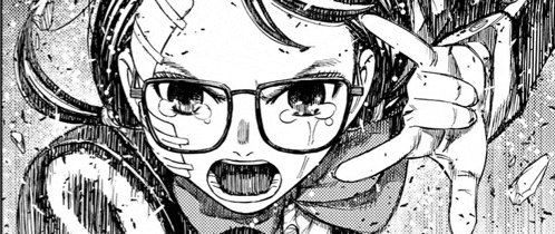 it is a black and white drawing of a girl wearing glasses .