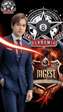 a man in a suit stands in front of a logo for sabumi biggest ball