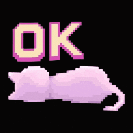 a pixel art of a cat laying down with the words ok above it .