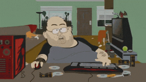 a cartoon of a man sitting at a desk with a keyboard and a computer case that says oe on it