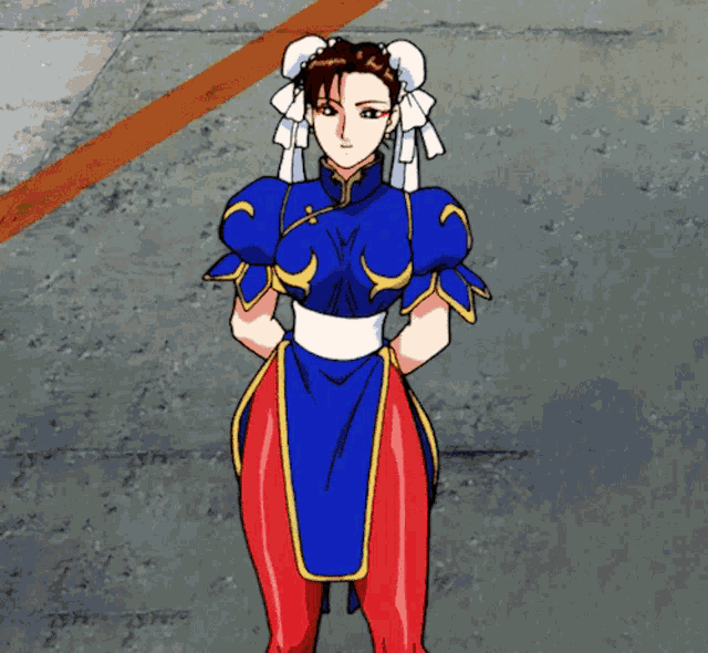 a cartoon drawing of a woman in a blue and red dress