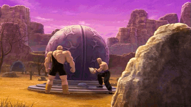 two muscular men are standing in front of a dome in a video game scene