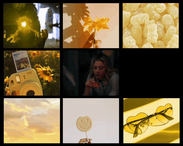 a collage of pictures includes a polaroid camera a smiley face lollipop sunglasses and gummy bears