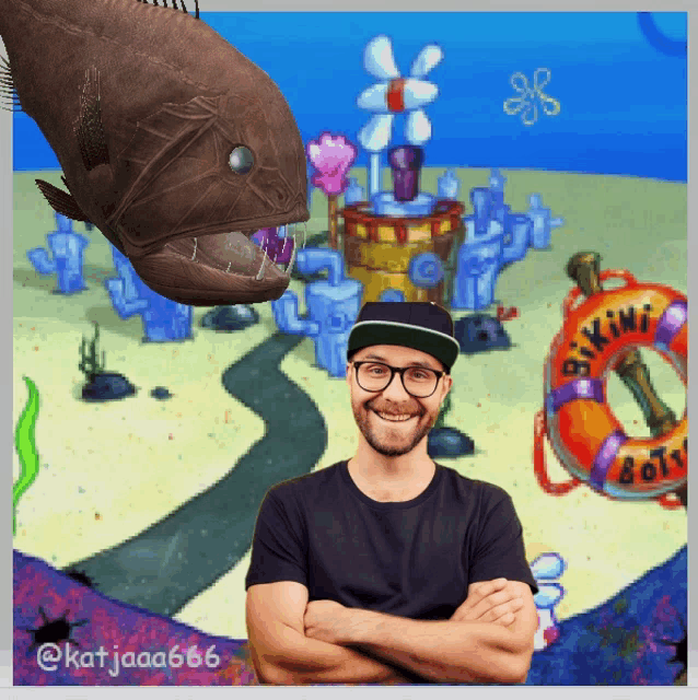 a man with his arms crossed stands in front of a spongebob background