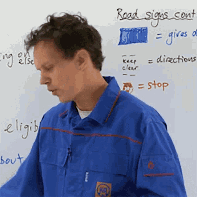 a man in a blue jacket is standing in front of a white board that says road signs cont