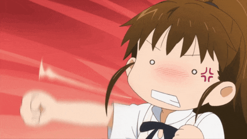 a girl with a ponytail has an angry face and a fist in the air