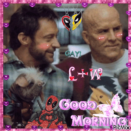 a picture of wolverine and deadpool with good morning written on it
