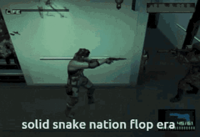 a video game with the words solid snake nation flop era on the bottom
