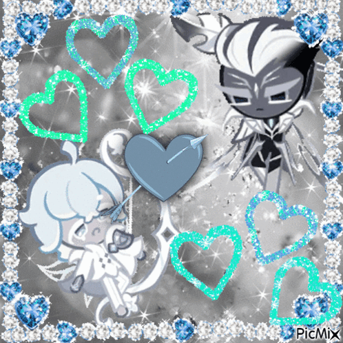 a picture of two cartoon characters surrounded by hearts and diamonds with the words picmix at the bottom