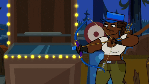 a cartoon drawing of a woman in a clown costume and a man holding a bow and arrow