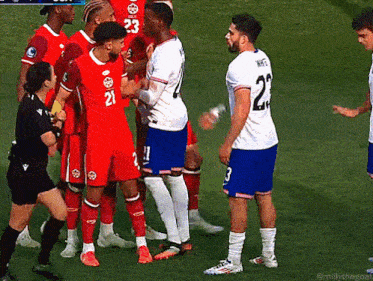 a group of soccer players are standing on a field and one of them has the number 21 on his jersey