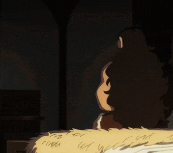 a cartoon drawing of a man with long hair standing next to a furry animal