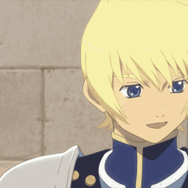a boy with blonde hair and blue eyes is wearing a blue jacket