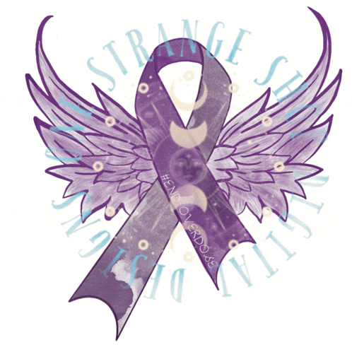 a drawing of a purple ribbon with wings and the words strange sensitivity