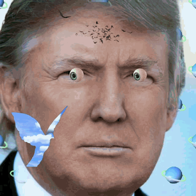 a close up of donald trump with a bird on his face