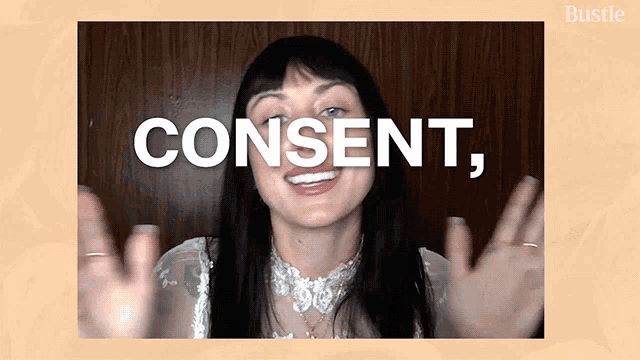 a woman in a white dress says consent with her hands outstretched