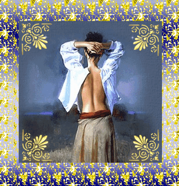 a painting of a shirtless woman in a blue frame