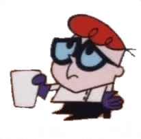 a cartoon character is holding a cup of coffee in his hand .
