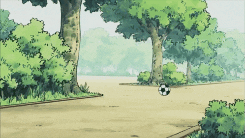 a soccer ball is hanging from a tree in a cartoon scene