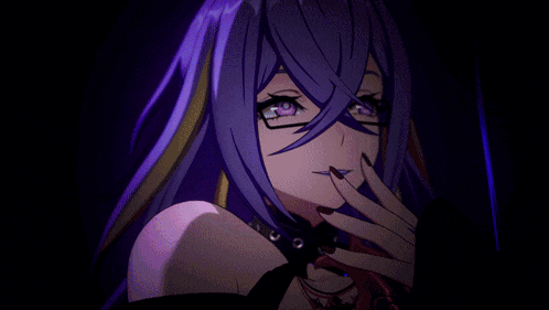 a purple haired anime girl with a choker on her neck