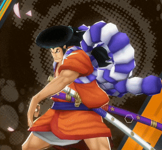 a man in an orange and purple outfit is holding a sword in his right hand