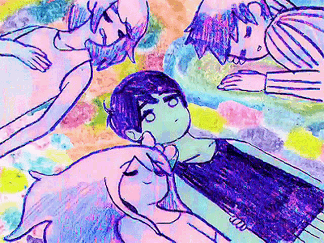 a colorful drawing of a boy laying on a blanket