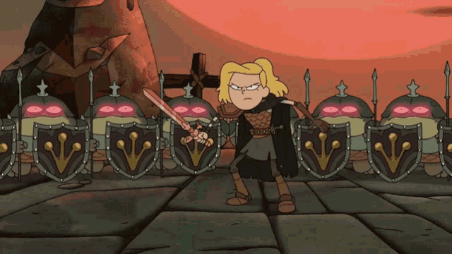 a cartoon of a girl holding a sword in front of a wall of frogs