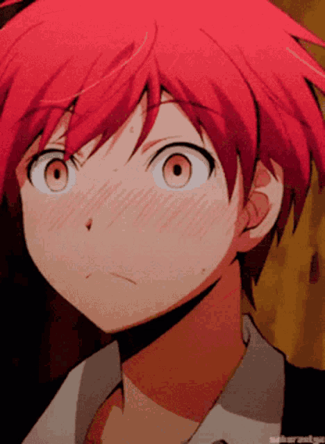 a close up of a red haired anime character with a white shirt