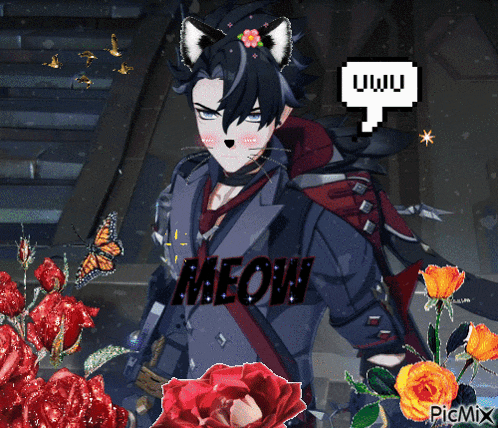 a boy with a cat ear and the word meow on his chest