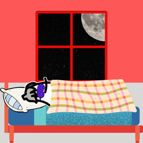 a cartoon drawing of a person sleeping in a bed with a full moon in the window