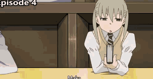 a cartoon of a girl sitting at a table holding a book with the words episode 4 behind her