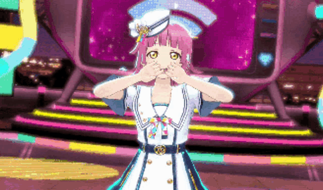 a girl with pink hair is making a funny face