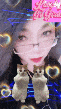 a picture of a woman with glasses and two cats with the words let 's go girls behind her
